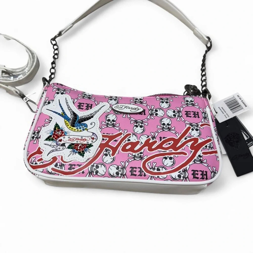 Ed Hardy Pink Skull Mini Shoulder Bag NWT Y2K Baguette Purse With Strap